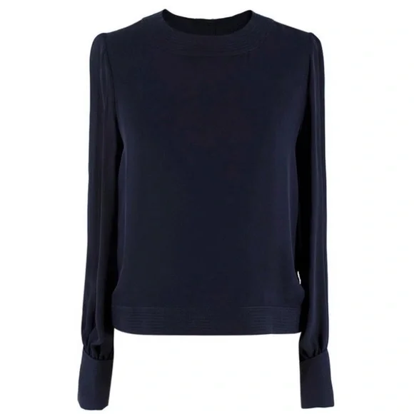 Oscar de la Renta Navy Blue Silk Blouse with white rose buttons